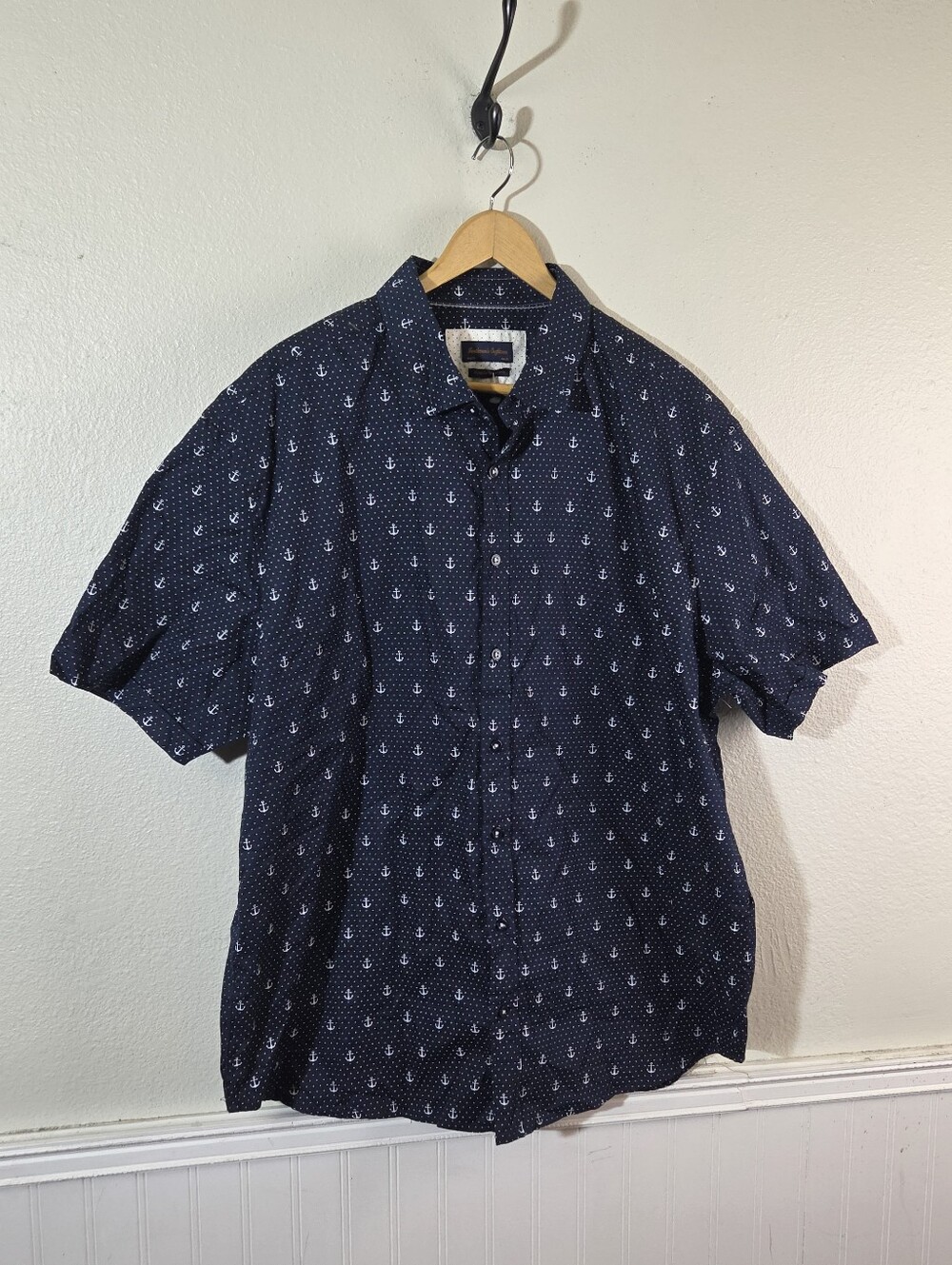 Gentlemen's Outfitters Anchor Polka Dot Button Up Shirt Men's 2XL Navy Cotton